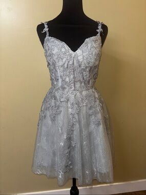 Embroidered Light Silver Lace Prom Dress